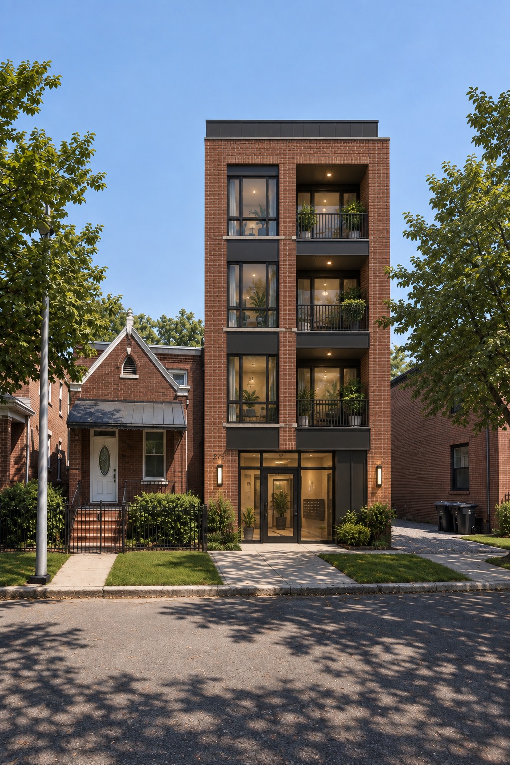 Artist concept for Kuumba: contemporary four-story brick elevator building in the residential row