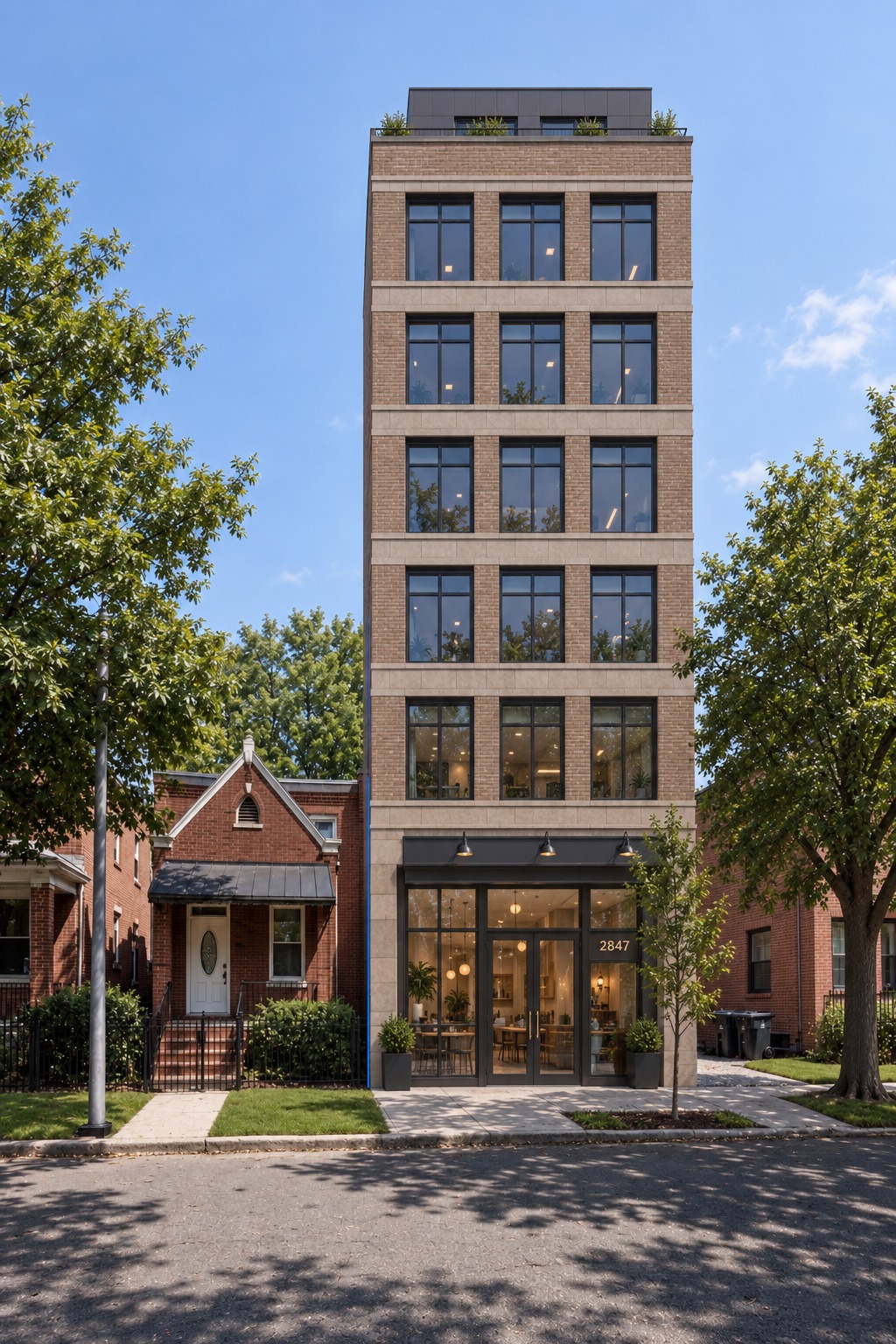 Artist concept for Kuumba: contemporary seven-story brick elevator building in the residential row